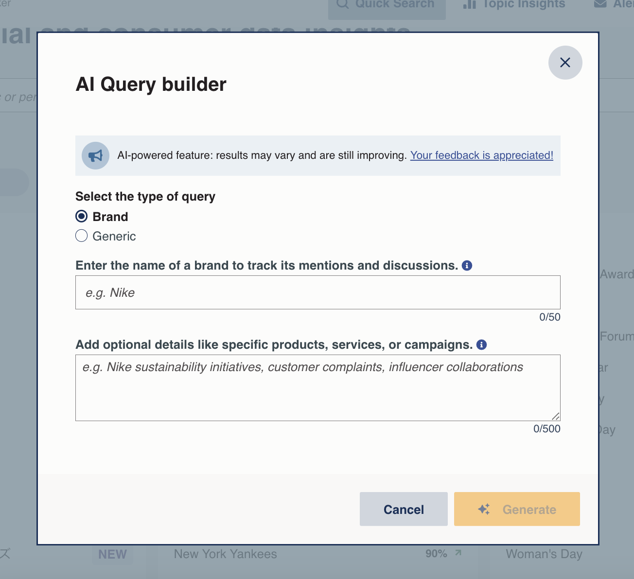 A screenshot of an ai query builder modal with fields to select a query type and enter a brand name and optional details before generating results.